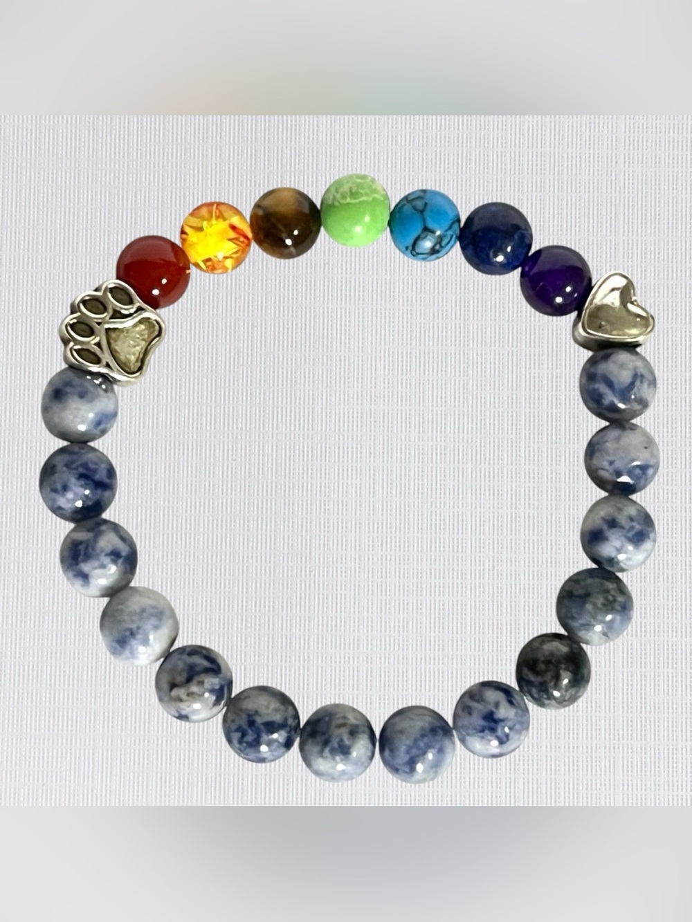 Pet Dog Memorial Bracelet Paw Print Heart Rainbow Bridge Round Stone Glass Beads